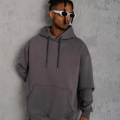 Düz Kapüşonlu Sweat - Gri -