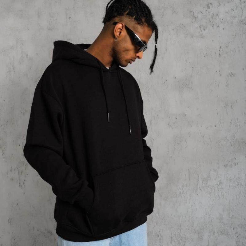 Düz Kapüşonlu Sweat - Siyah -