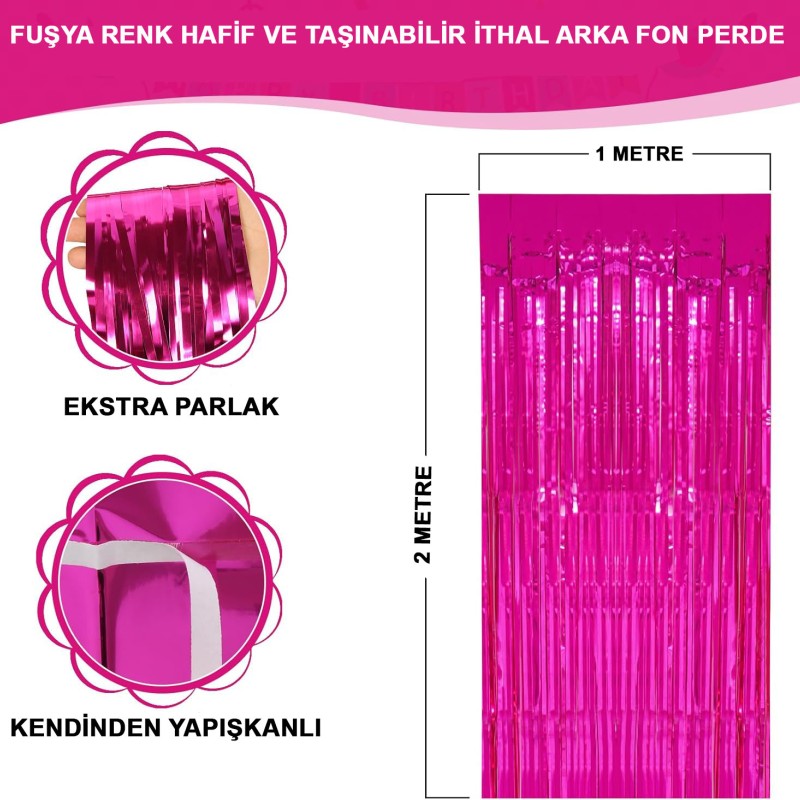 Ekstra Metalize Parlak Saçaklı Arka Fon Perde Fuşya