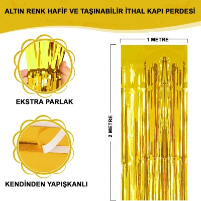 Ekstra Metalize Parlak Saçaklı Arka Fon Perde Gold