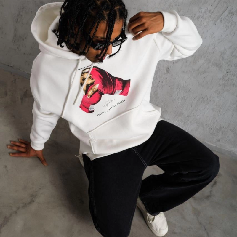 Eldiven Baskılı Kapüşonlu Sweat - Beyaz -