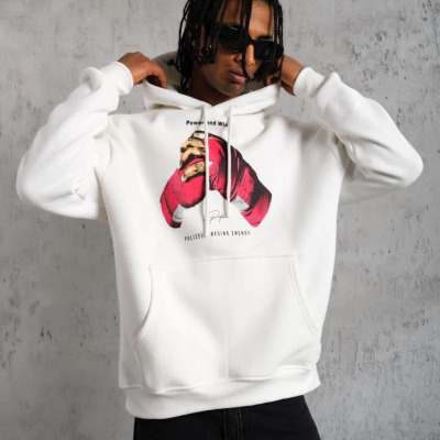 Eldiven Baskılı Kapüşonlu Sweat - Beyaz -