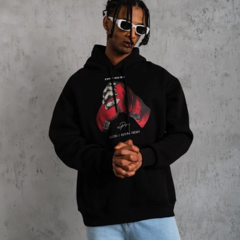 Eldiven Baskılı Kapüşonlu Sweat - Siyah -