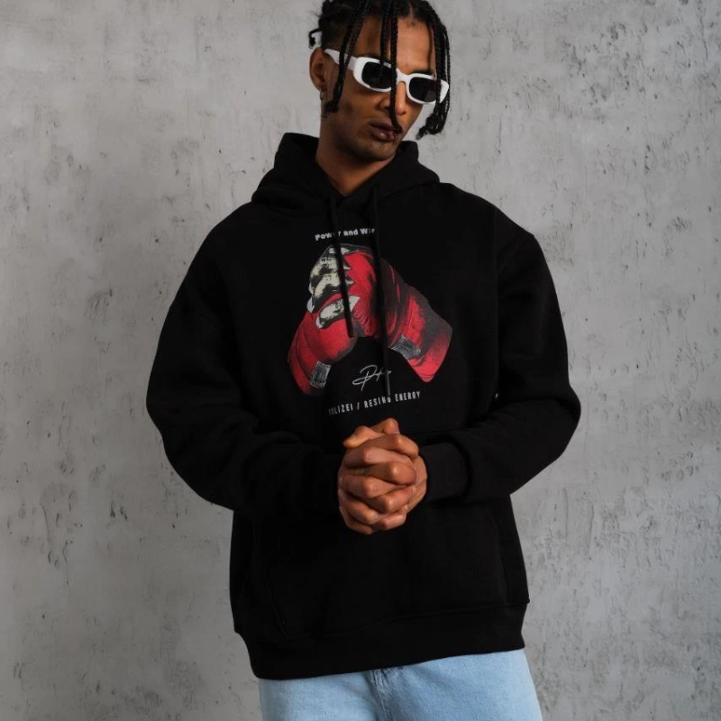 Eldiven Baskılı Kapüşonlu Sweat - Siyah -