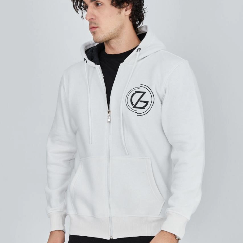 Erkek 3 İplik Pamuklu Fermuarlı Kapüşonlu Kanguru Cepli Baskılı Hoodie Hırka Sweatshirt - Beyaz