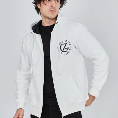 Erkek 3 İplik Pamuklu Fermuarlı Kapüşonlu Kanguru Cepli Baskılı Hoodie Hırka Sweatshirt - Beyaz