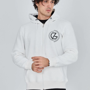 Erkek 3 İplik Pamuklu Fermuarlı Kapüşonlu Kanguru Cepli Baskılı Hoodie Hırka Sweatshirt - Beyaz