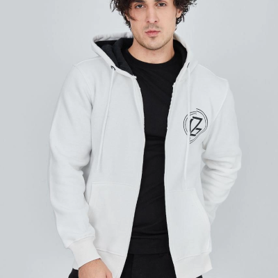 Erkek 3 İplik Pamuklu Fermuarlı Kapüşonlu Kanguru Cepli Baskılı Hoodie Hırka Sweatshirt - Beyaz