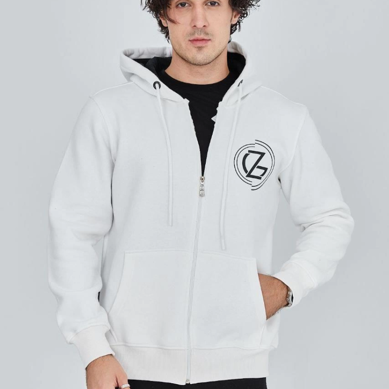 Erkek 3 İplik Pamuklu Fermuarlı Kapüşonlu Kanguru Cepli Baskılı Hoodie Hırka Sweatshirt - Beyaz