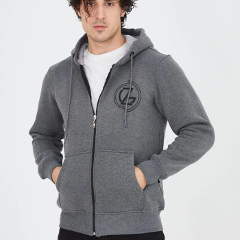 Erkek 3 İplik Pamuklu Fermuarlı Kapüşonlu Kanguru Cepli Baskılı Hoodie Hırka Sweatshirt - Füme