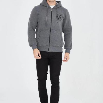 Erkek 3 İplik Pamuklu Fermuarlı Kapüşonlu Kanguru Cepli Baskılı Hoodie Hırka Sweatshirt - Füme