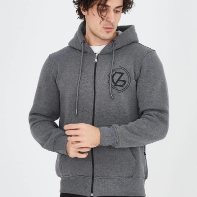 Erkek 3 İplik Pamuklu Fermuarlı Kapüşonlu Kanguru Cepli Baskılı Hoodie Hırka Sweatshirt - Füme