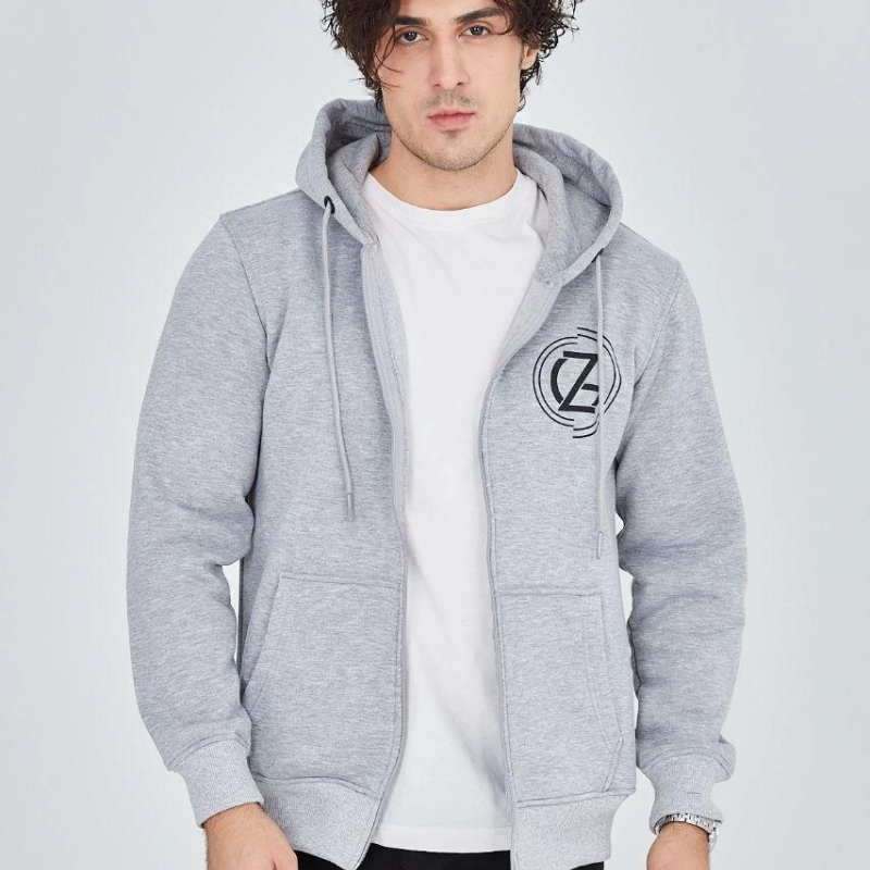 Erkek 3 İplik Pamuklu Fermuarlı Kapüşonlu Kanguru Cepli Baskılı Hoodie Hırka Sweatshirt -Gri