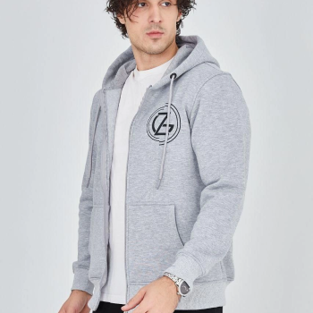 Erkek 3 İplik Pamuklu Fermuarlı Kapüşonlu Kanguru Cepli Baskılı Hoodie Hırka Sweatshirt -Gri