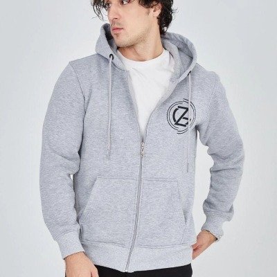 Erkek 3 İplik Pamuklu Fermuarlı Kapüşonlu Kanguru Cepli Baskılı Hoodie Hırka Sweatshirt -Gri