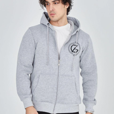 Erkek 3 İplik Pamuklu Fermuarlı Kapüşonlu Kanguru Cepli Baskılı Hoodie Hırka Sweatshirt -Gri
