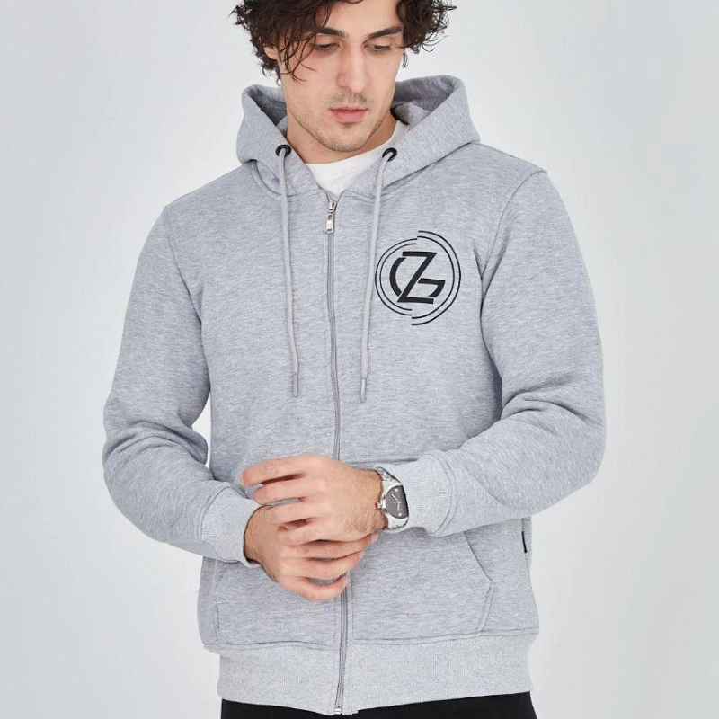 Erkek 3 İplik Pamuklu Fermuarlı Kapüşonlu Kanguru Cepli Baskılı Hoodie Hırka Sweatshirt -Gri