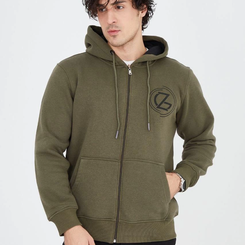 Erkek 3 İplik Pamuklu Fermuarlı Kapüşonlu Kanguru Cepli Baskılı Hoodie Hırka Sweatshirt - Yeşil