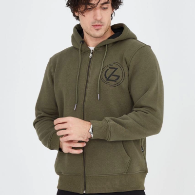 Erkek 3 İplik Pamuklu Fermuarlı Kapüşonlu Kanguru Cepli Baskılı Hoodie Hırka Sweatshirt - Yeşil