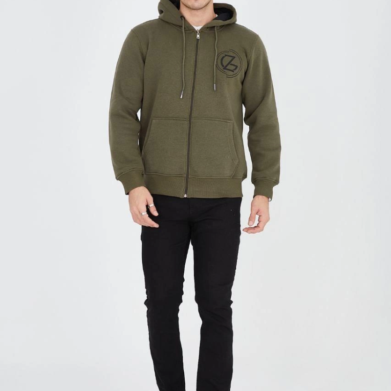 Erkek 3 İplik Pamuklu Fermuarlı Kapüşonlu Kanguru Cepli Baskılı Hoodie Hırka Sweatshirt - Yeşil