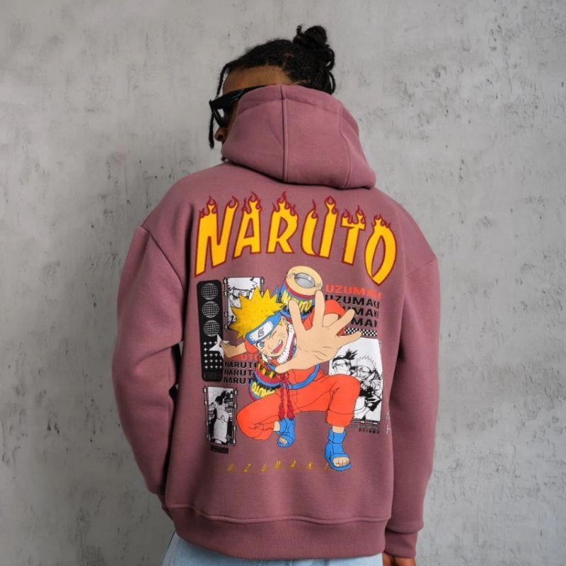 Erkek 3 İplik Pamuklu Kapüşonlu Baskılı Cepli Oversize Sweatshirt Hoodie - Gül Kurusu