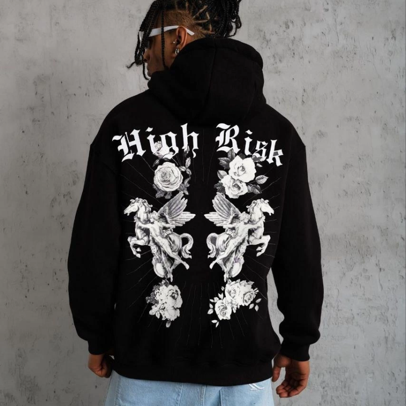 Erkek 3 İplik Pamuklu Kapüşonlu Baskılı Cepli Oversize Sweatshirt Hoodie - Siyah