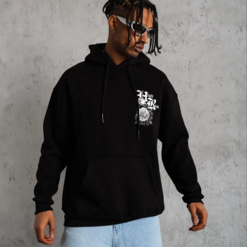 Erkek 3 İplik Pamuklu Kapüşonlu Baskılı Cepli Oversize Sweatshirt Hoodie - Siyah