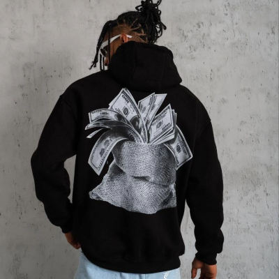 Erkek 3 İplik Pamuklu Kapüşonlu Baskılı Cepli Oversize Sweatshirt Hoodie - Siyah