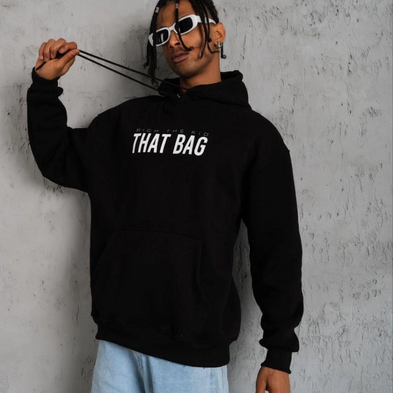 Erkek 3 İplik Pamuklu Kapüşonlu Baskılı Cepli Oversize Sweatshirt Hoodie - Siyah