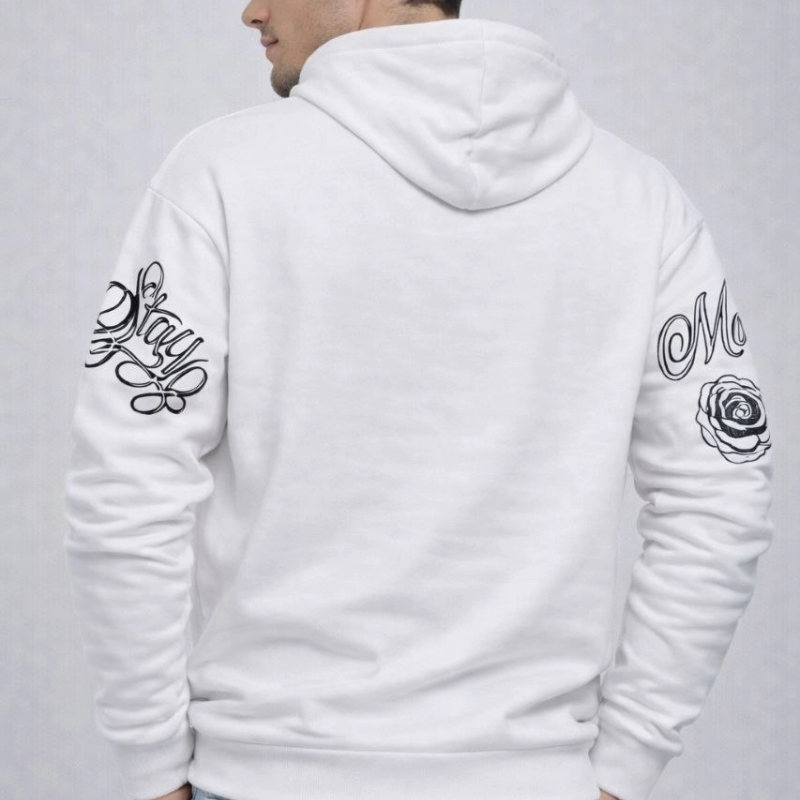 Erkek 3 İplik Pamuklu Kapüşonlu Baskılı SweatShirt hoodie - Beyaz