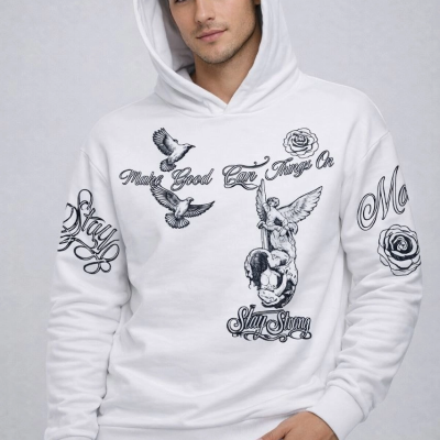 Erkek 3 İplik Pamuklu Kapüşonlu Baskılı SweatShirt hoodie - Beyaz