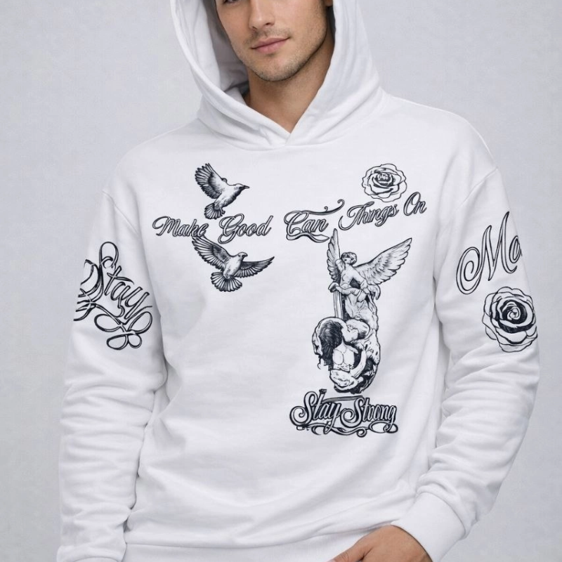 Erkek 3 İplik Pamuklu Kapüşonlu Baskılı SweatShirt hoodie - Beyaz