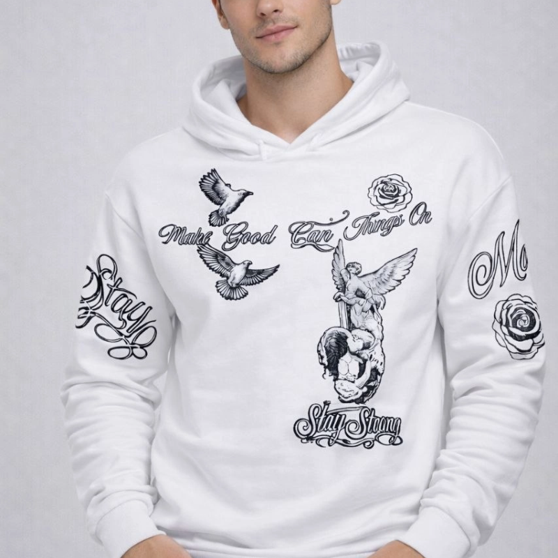 Erkek 3 İplik Pamuklu Kapüşonlu Baskılı SweatShirt hoodie - Beyaz