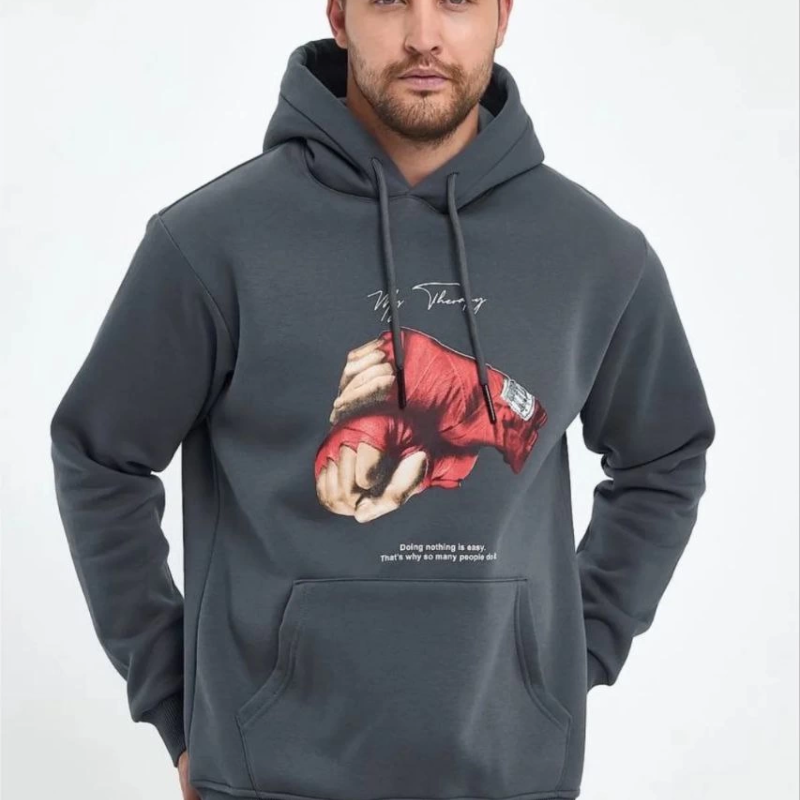 Erkek 3 İplik Pamuklu Kapüşonlu Cepli Boks Eldiven Baskılı Hoodie Sweatshirt - Füme