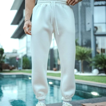 Erkek 3 İplik Pamuklu Paçası Lastikli Cepli Eşofman Pantolon - Beyaz