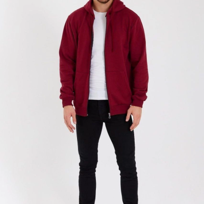 Erkek 3 İplik Pamuklu Tam Fermuarlı Kapüşonlu Kanguru Cepli Düz Hoodie Sweatshirt - Bordo
