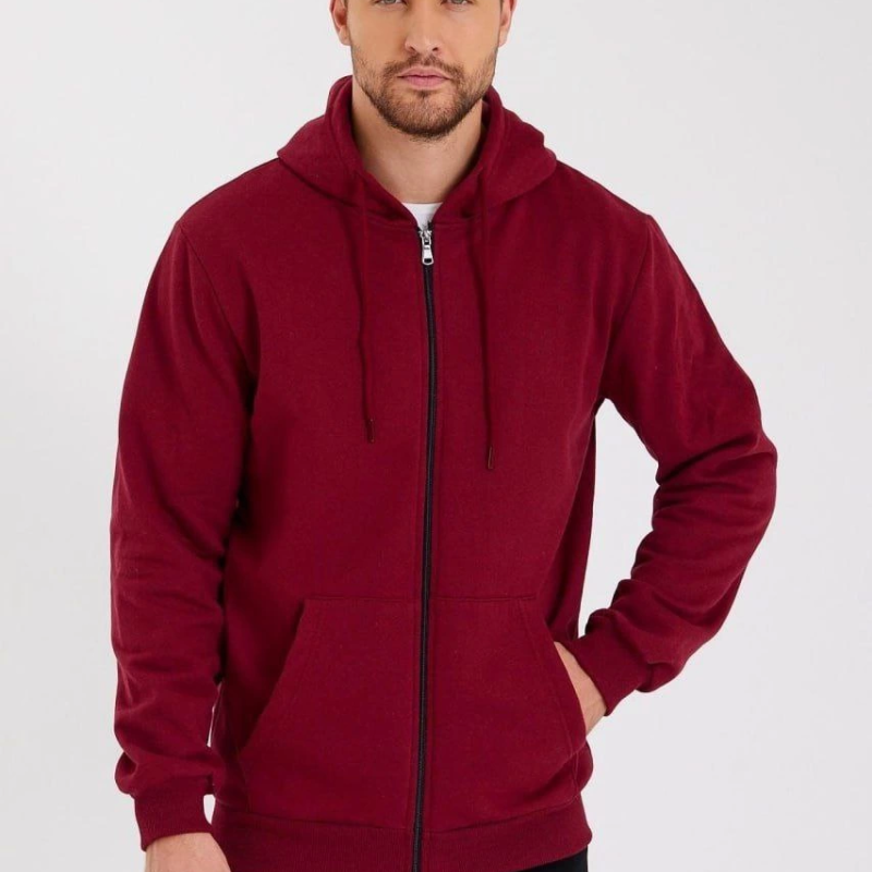 Erkek 3 İplik Pamuklu Tam Fermuarlı Kapüşonlu Kanguru Cepli Düz Hoodie Sweatshirt - Bordo