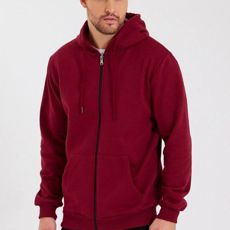 Erkek 3 İplik Pamuklu Tam Fermuarlı Kapüşonlu Kanguru Cepli Düz Hoodie Sweatshirt - Bordo