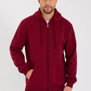 Erkek 3 İplik Pamuklu Tam Fermuarlı Kapüşonlu Kanguru Cepli Düz Hoodie Sweatshirt - Bordo