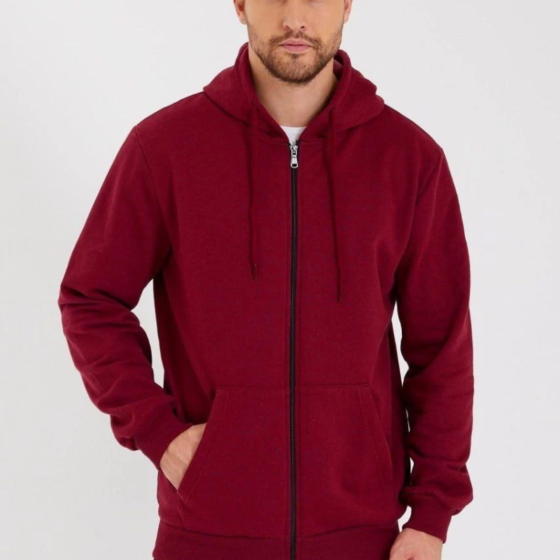 Erkek 3 İplik Pamuklu Tam Fermuarlı Kapüşonlu Kanguru Cepli Düz Hoodie Sweatshirt - Bordo