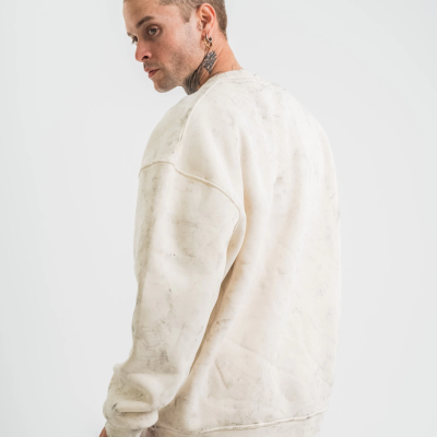 Erkek 3 İplik Pamuklu Yağ Yıkamalı Bisiklet Yaka Sweatshirt Oversize Hoodie - Krem