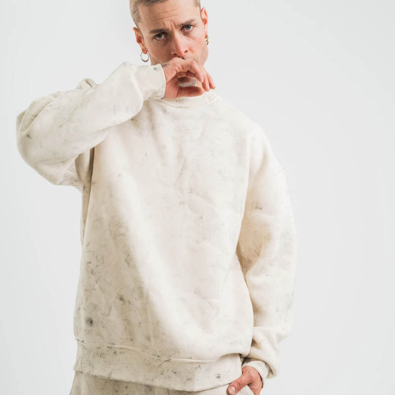 Erkek 3 İplik Pamuklu Yağ Yıkamalı Bisiklet Yaka Sweatshirt Oversize Hoodie - Krem