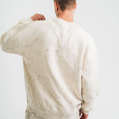 Erkek 3 İplik Pamuklu Yağ Yıkamalı Bisiklet Yaka Sweatshirt Oversize Hoodie - Krem