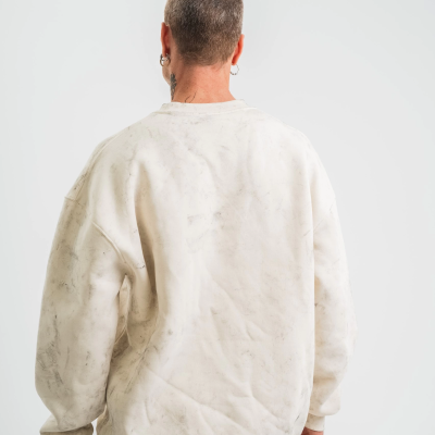 Erkek 3 İplik Pamuklu Yağ Yıkamalı Bisiklet Yaka Sweatshirt Oversize Hoodie - Krem