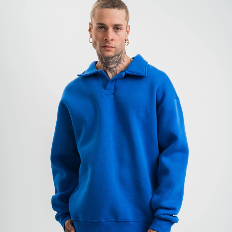 Erkek Açık Yakalı Oversize 3 İplik Pamuklu Sweatshirt - Mavii