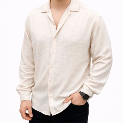 Erkek Aerobin Kumaş Oversize 4 Mevsim Uzun Kollu Rahat Kalıp Gömlek - Bej