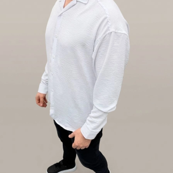 Erkek Aerobin Kumaş Oversize 4 Mevsim Uzun Kollu Rahat Kalıp Gömlek - Beyaz