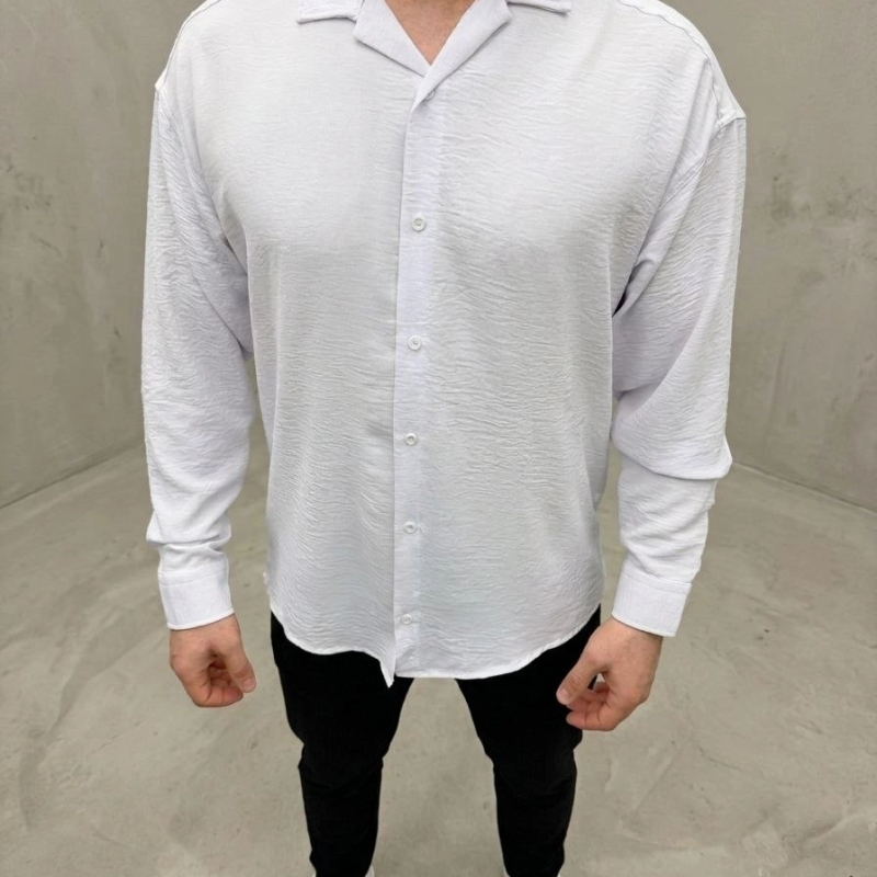 Erkek Aerobin Kumaş Oversize 4 Mevsim Uzun Kollu Rahat Kalıp Gömlek - Beyaz