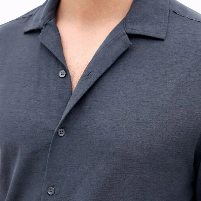 Erkek Aerobin Kumaş Oversize 4 Mevsim Uzun Kollu Rahat Kalıp Gömlek - Füme