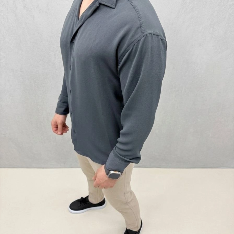 Erkek Aerobin Kumaş Oversize 4 Mevsim Uzun Kollu Rahat Kalıp Gömlek - Füme